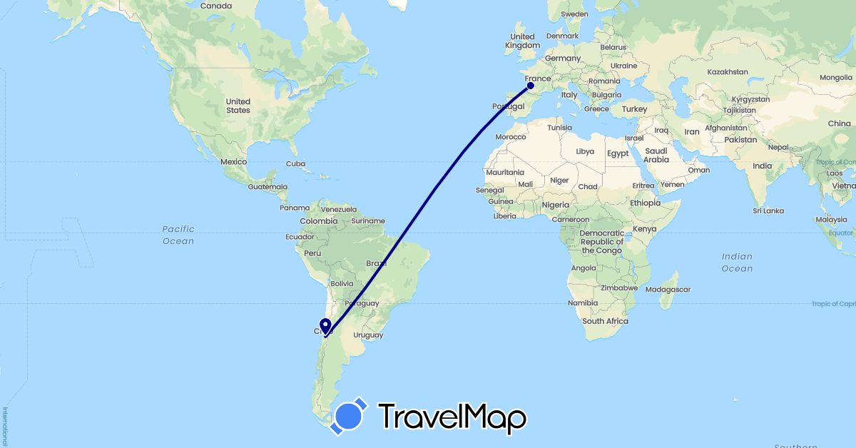 TravelMap itinerary: driving in Chile, France (Europe, South America)